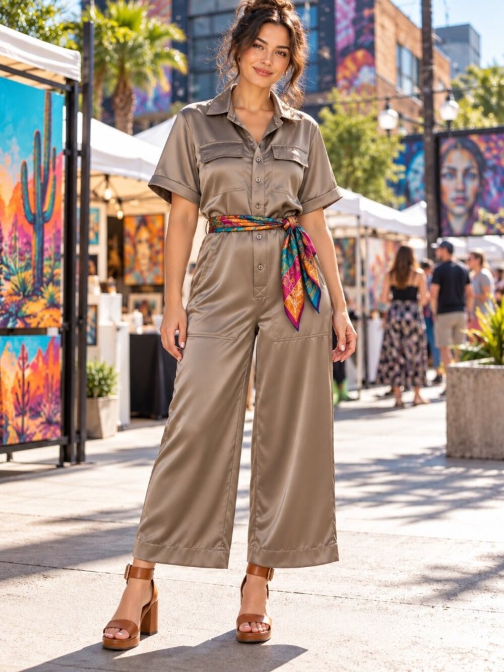 New Banana Republic Satin Utility Jumpsuit Small Taupe Crop Wide Leg NWT